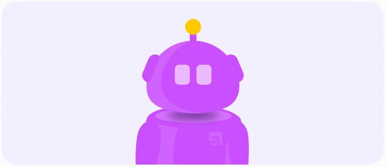 A stylized purple robot with a friendly appearance, featuring round eyes and a single antenna with a yellow tip, set against a simple purple background.