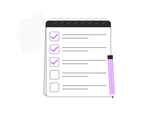 Illustration of a notepad with several checklist items marked with check marks, and a pencil nearby. some list items are unchecked.