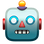 A colorful, cartoon-style robot head with a square face, blue-lit eyes, a small orange nose, and a line of teeth showing. It has a purple hat-like feature on top of its head and a gradient red background.