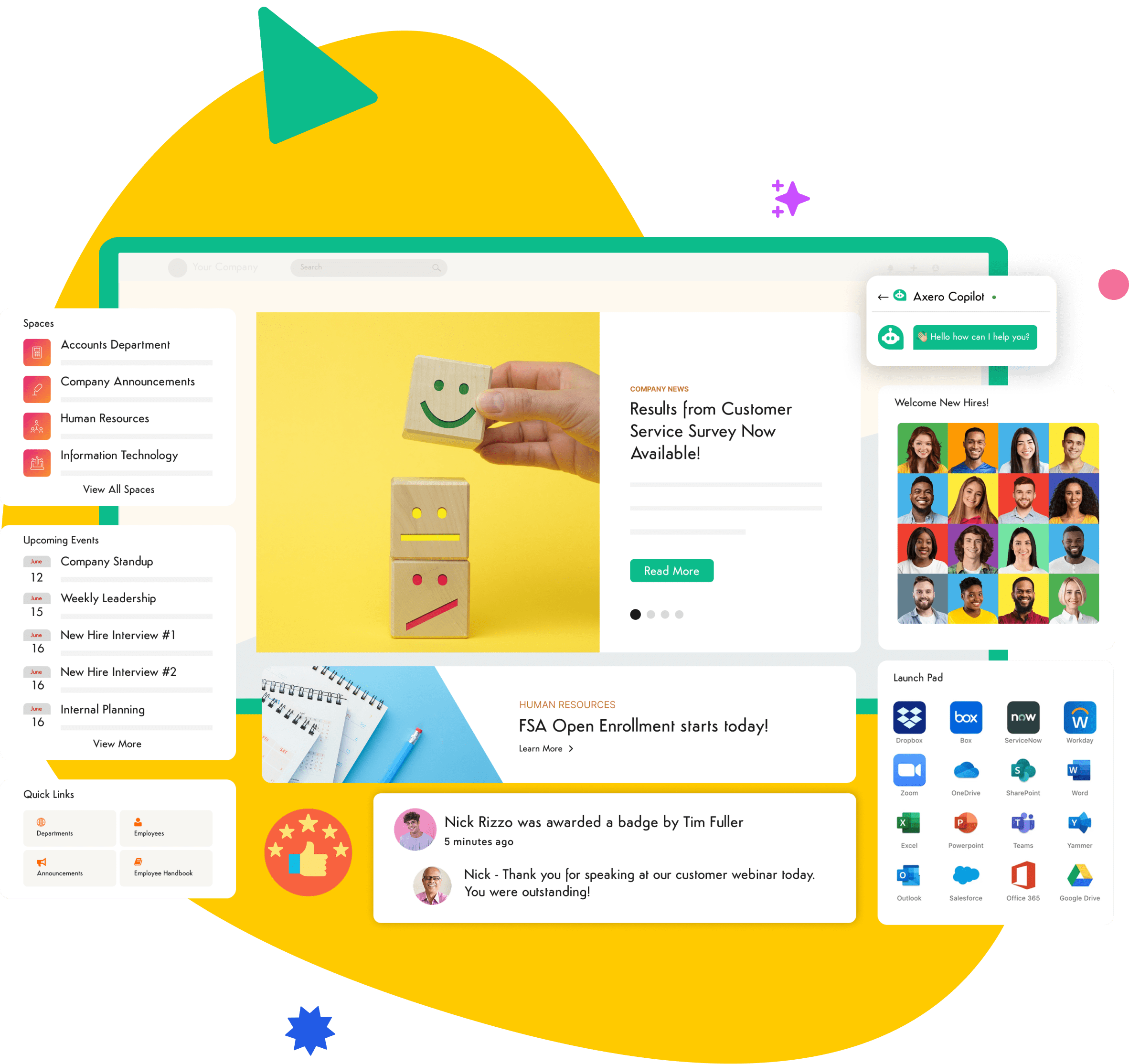 Axero intranet home with survey results, new hires, events and app links