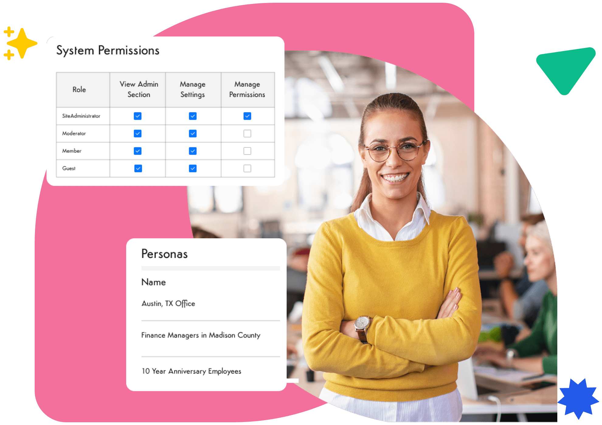 Smiling woman with Axero system permissions and personas panels
