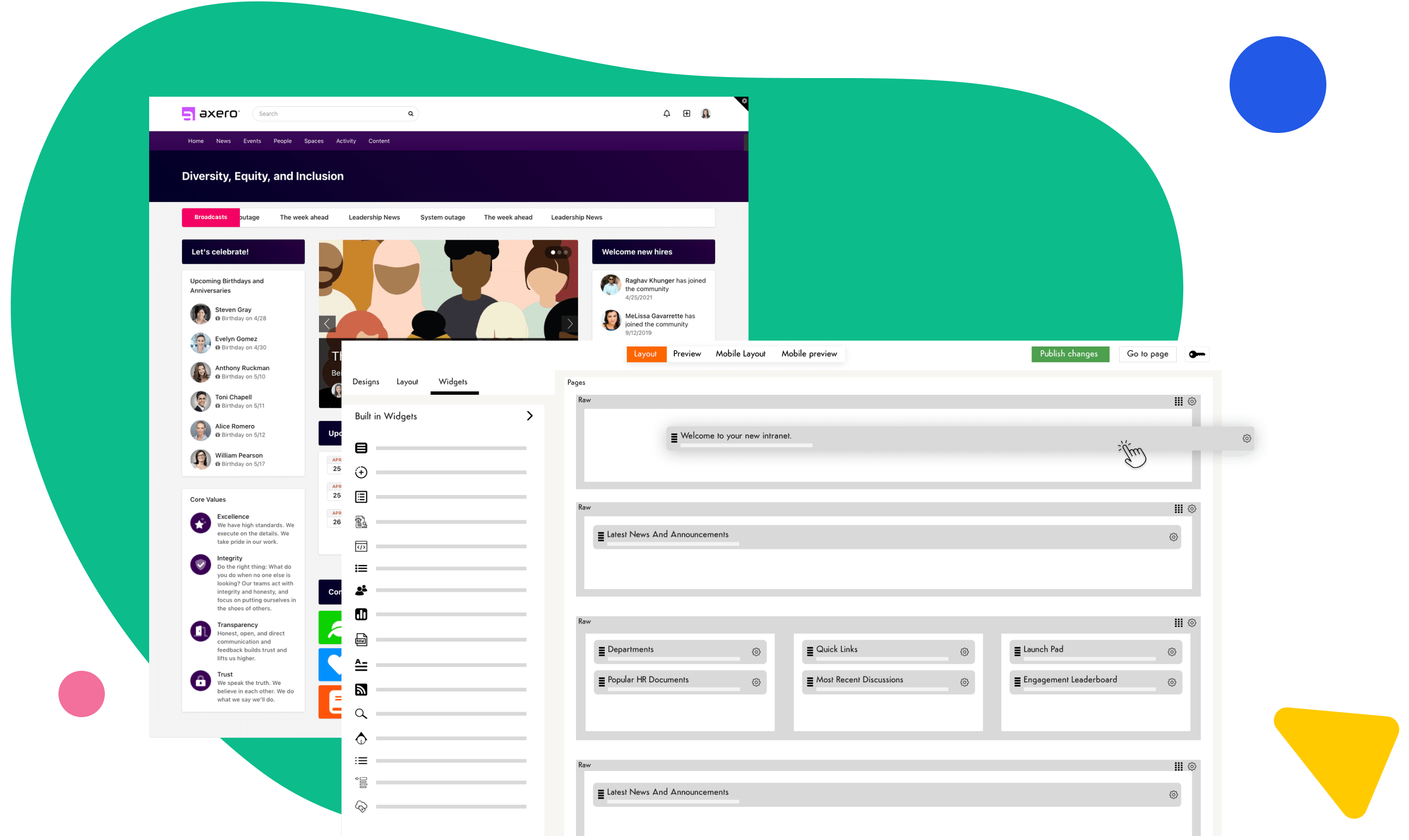 Axero intranet page editor with widgets and diversity themed layout