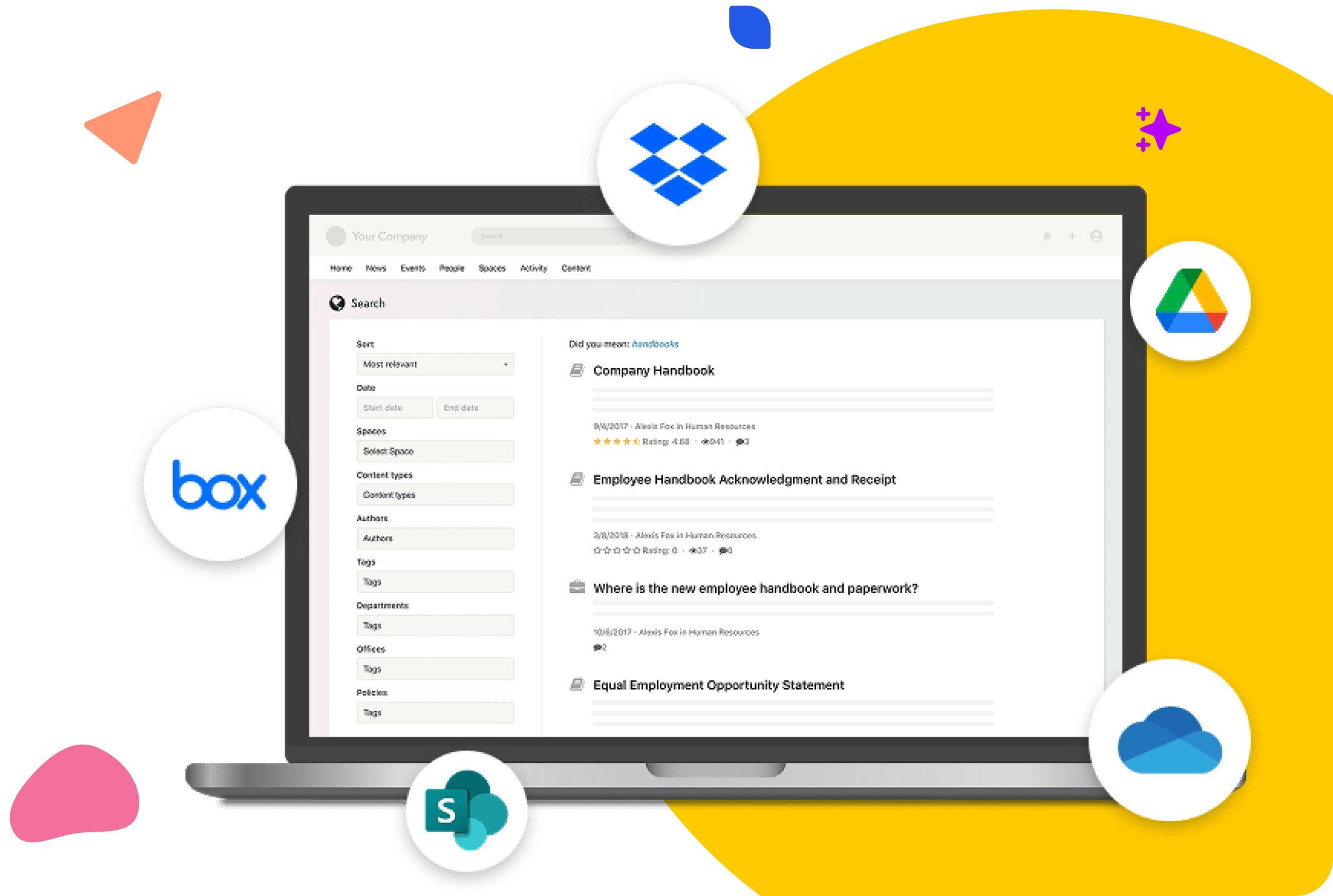 Laptop showing Axero search with Box, Drive, SharePoint, OneDrive icons