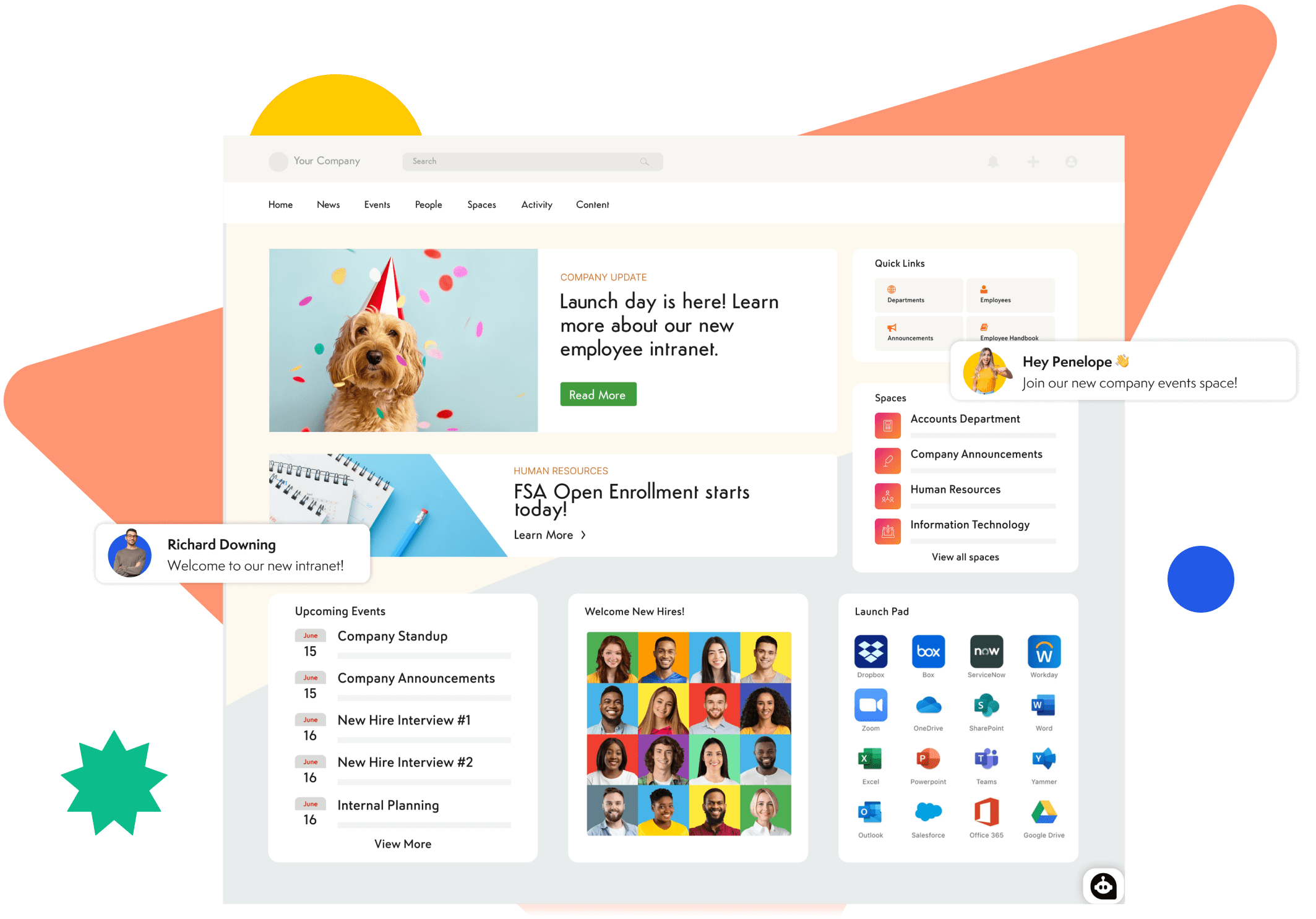 Axero intranet home with announcements, events, spaces and app launch pad