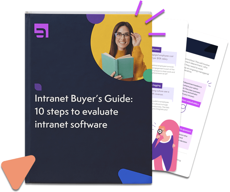 Intranet Buyer's Guide book cover with woman holding book and sample inside pages