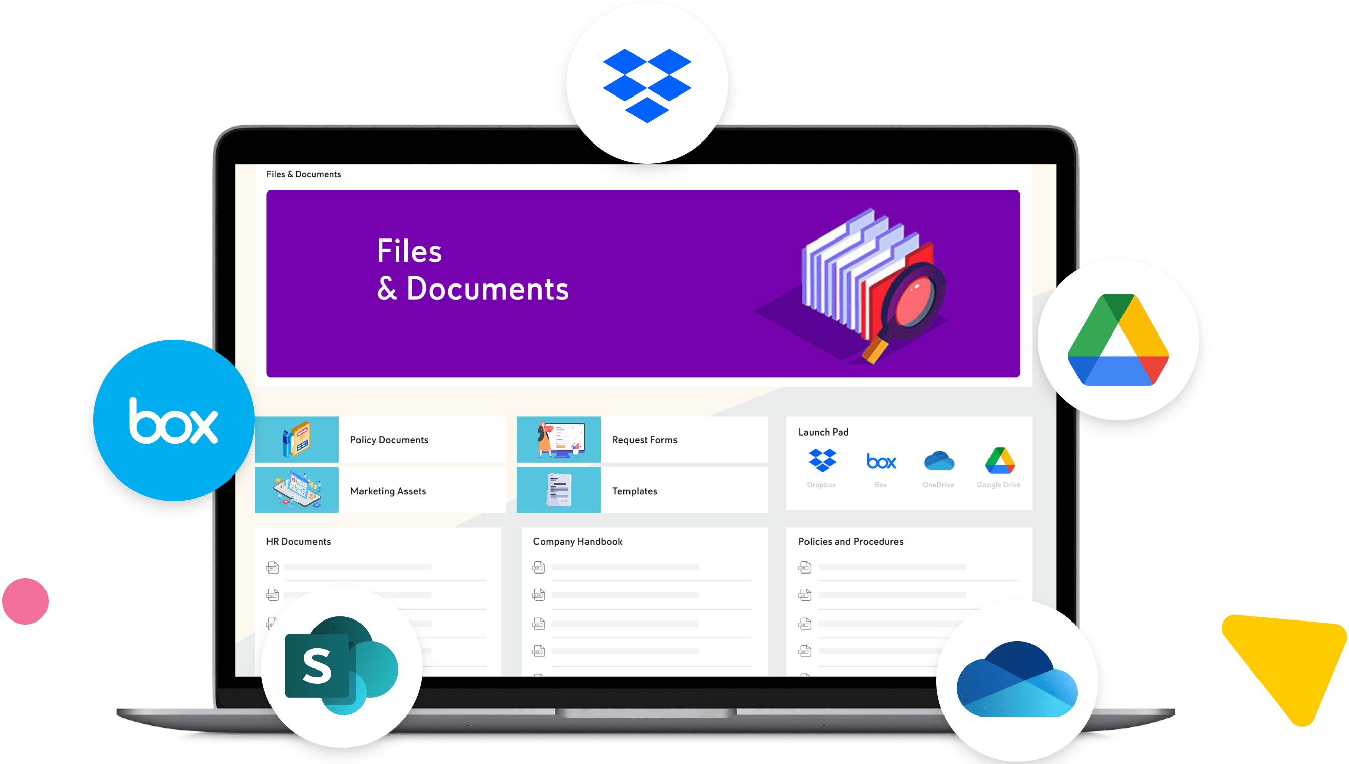 Laptop displaying files hub with logos of Dropbox, Google Drive, Box, OneDrive, and SharePoint.