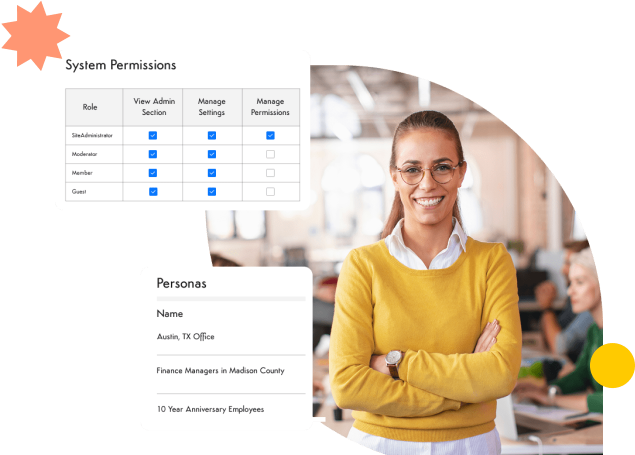 Smiling woman in office next to system permissions and user personas on digital intranet.