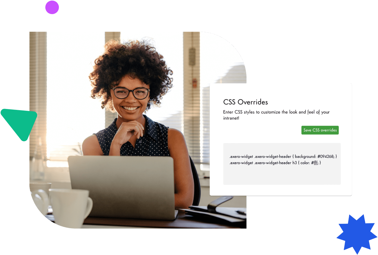 Smiling woman at laptop with Axero Solutions CSS override panel for intranet customisation.