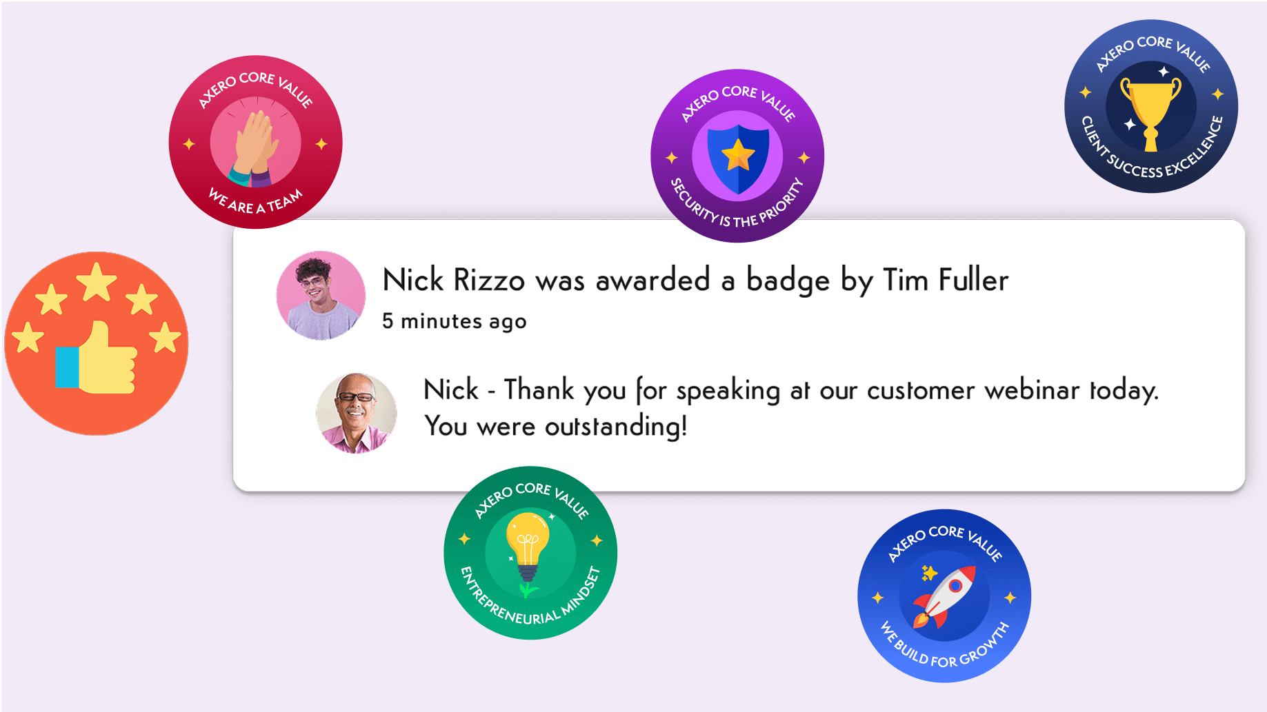 Recognition message awarding a badge with various core value icons and congratulatory graphics.
