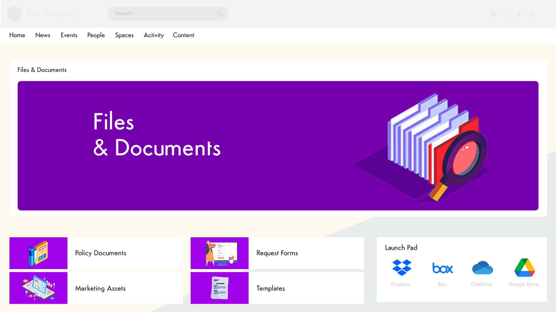 Files and documents dashboard with categories like policy documents, marketing assets, and templates.