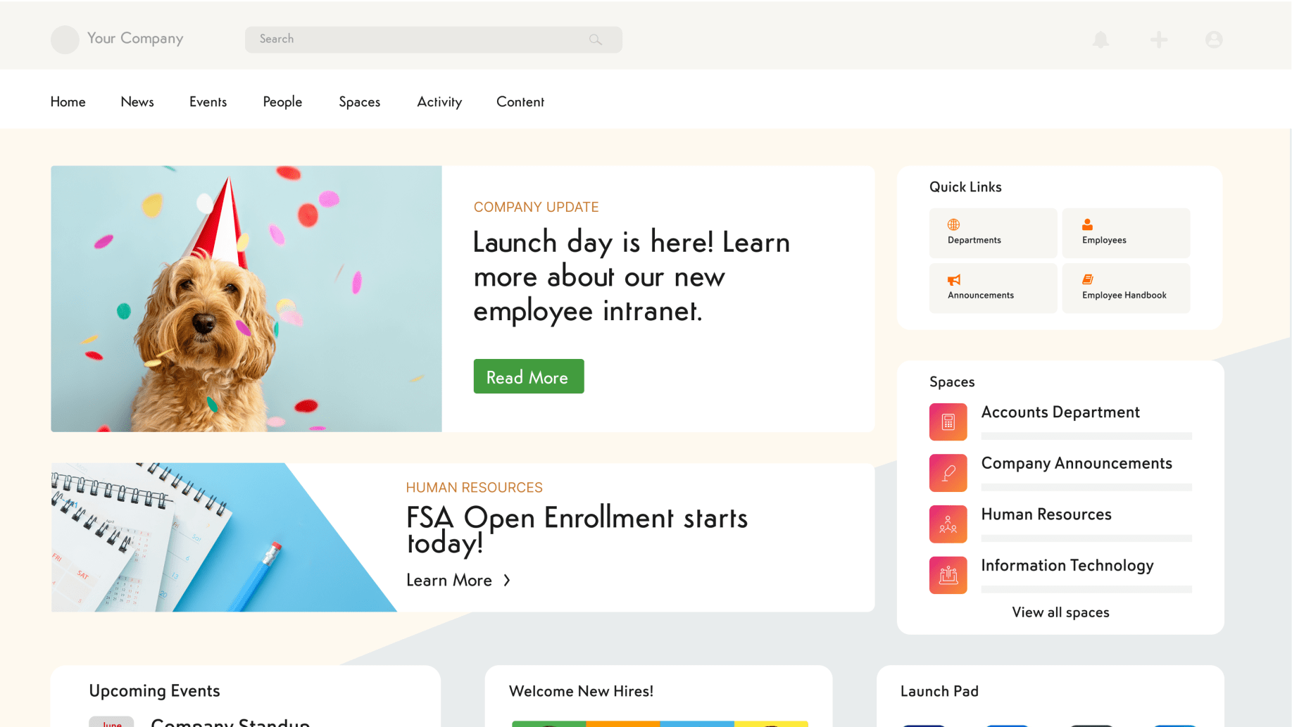 Employee intranet homepage showing launch announcement, quick links, and department spaces.