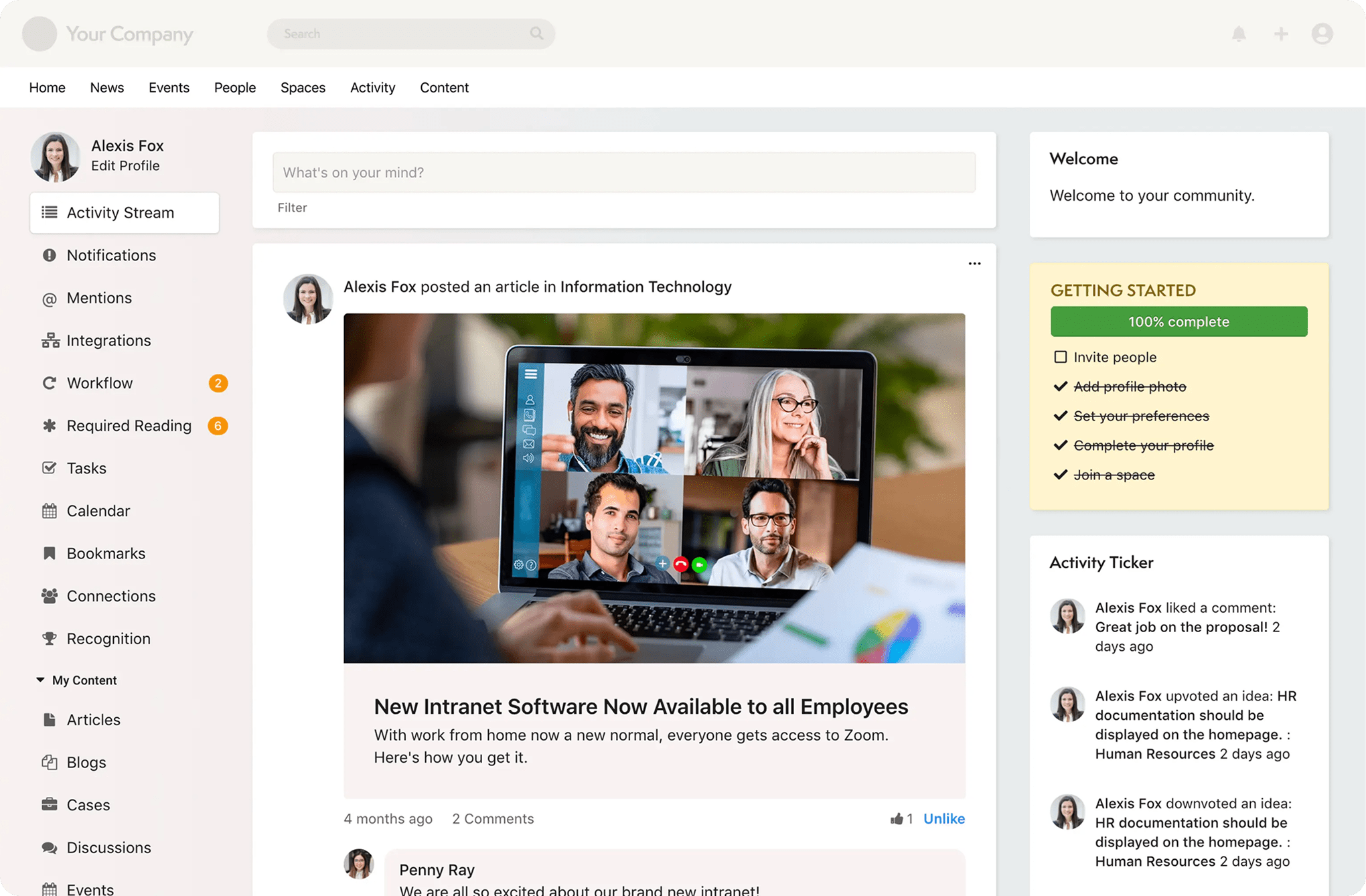 Employee intranet dashboard showing activity stream, Zoom article post, and onboarding checklist.