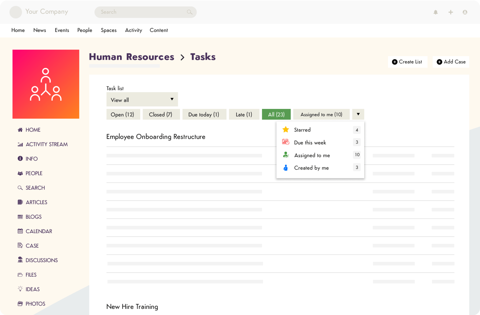 Task management dashboard showing open, closed, and assigned items in HR onboarding list.