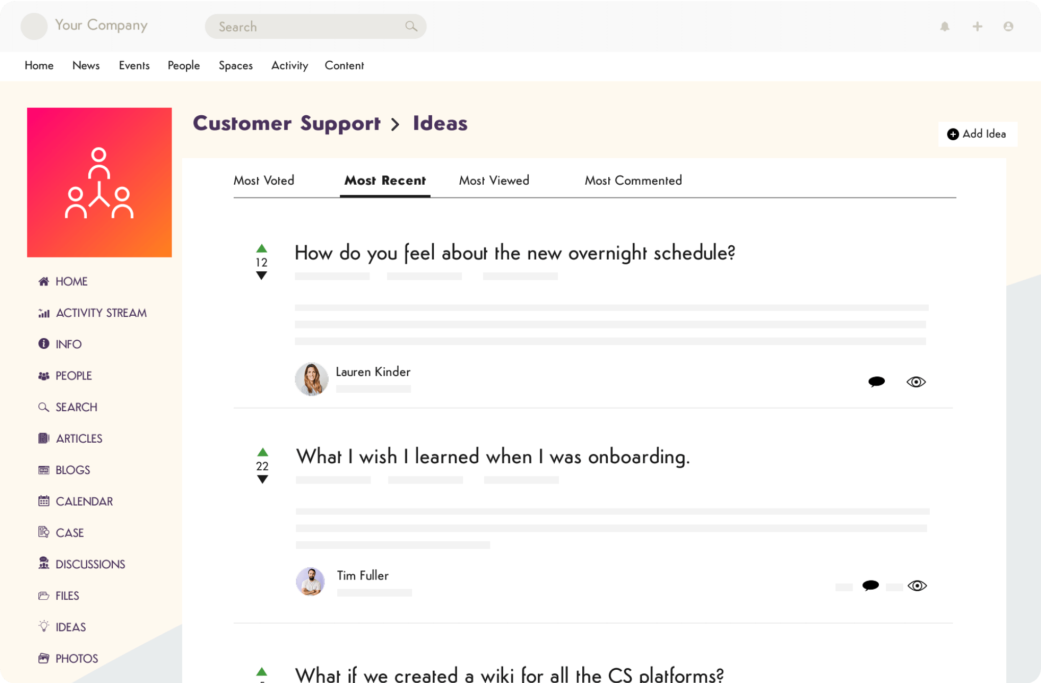 Internal idea board with employee posts ranked by votes, comments, and views.