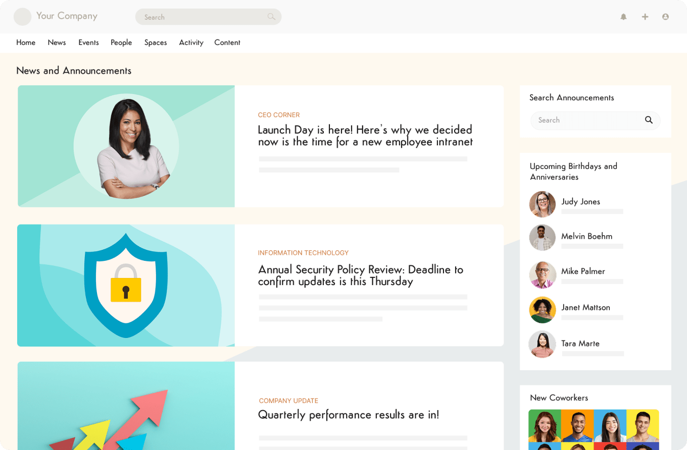 Axero Solutions intranet page showing news, updates, birthdays, and new employee introductions.