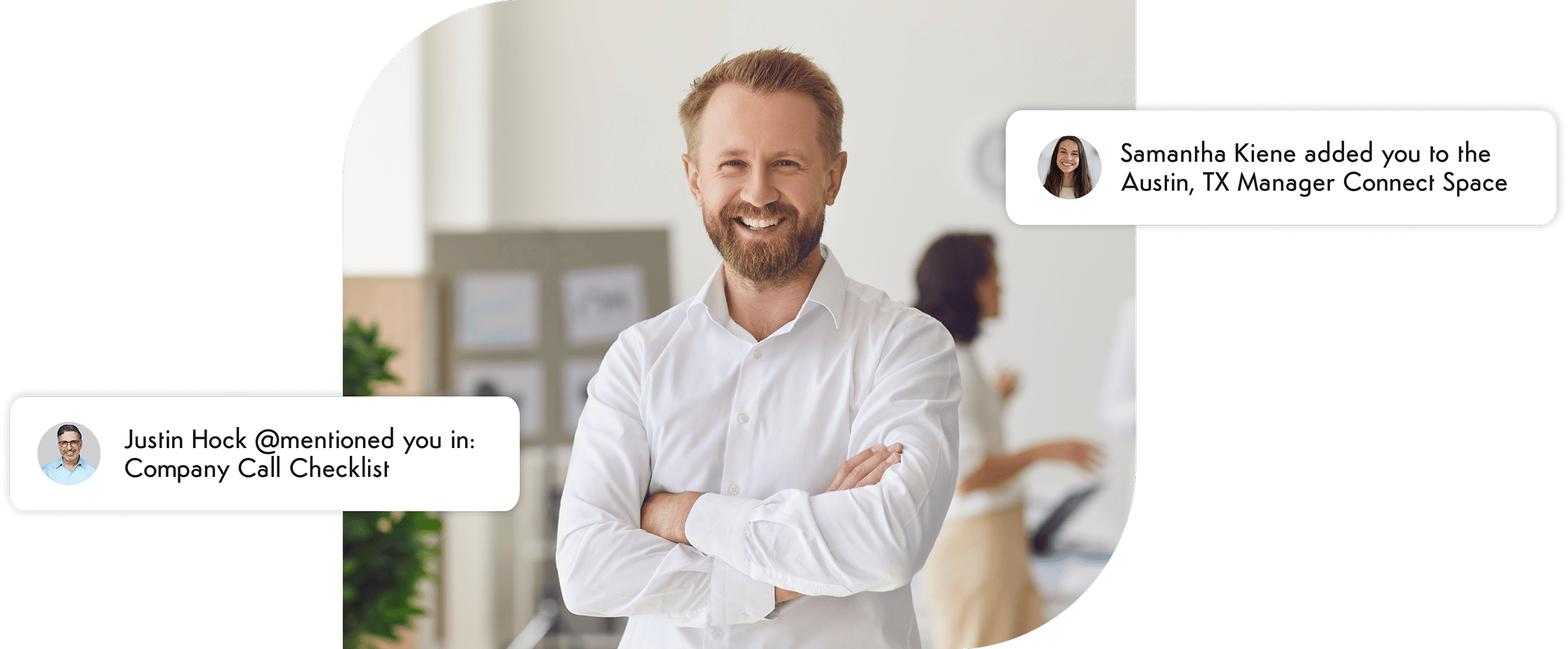 Smiling man in office with notification popups for space addition and checklist mention.
