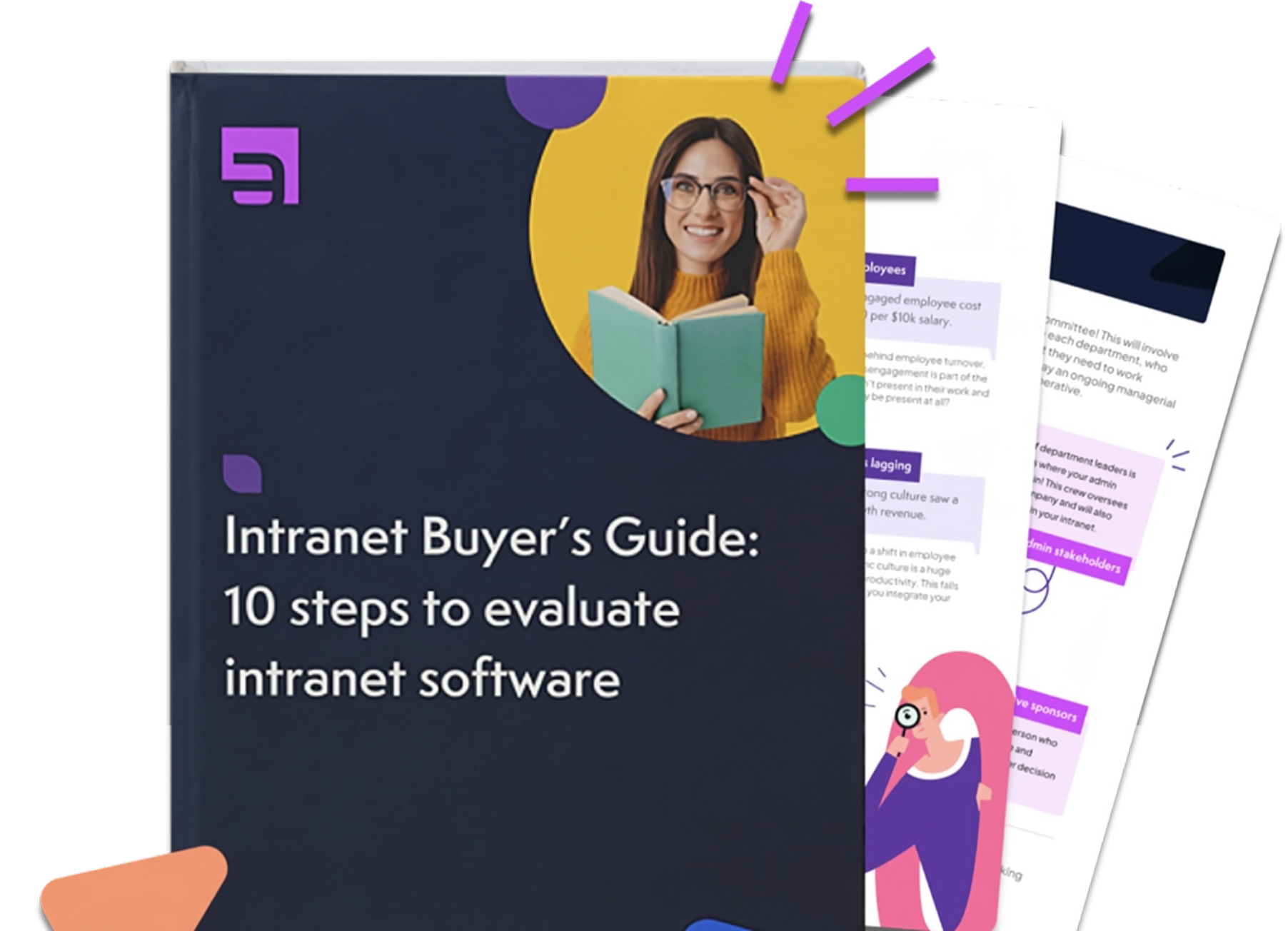 Intranet Buyer's Guide book cover with woman holding book and sample inside pages