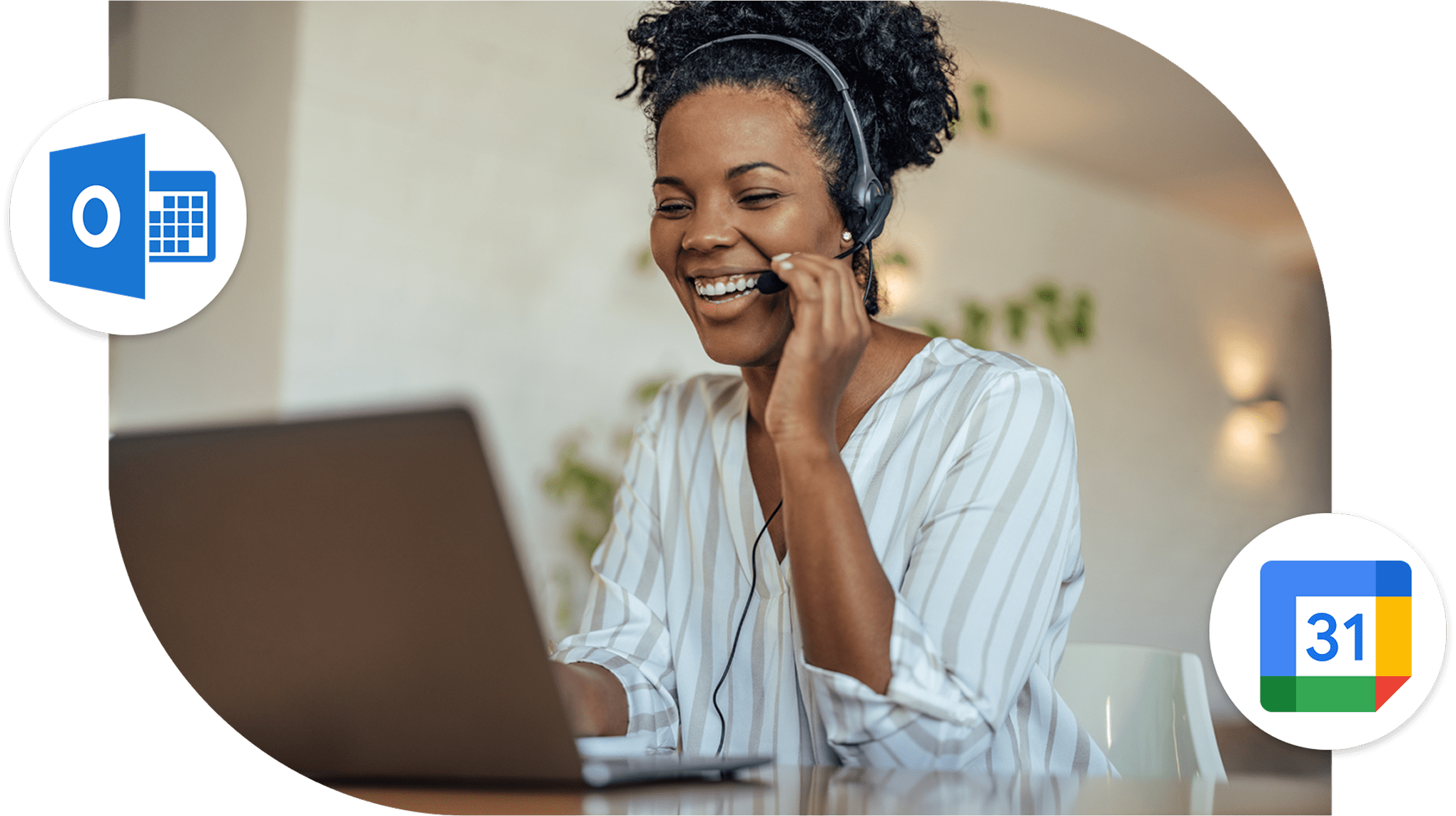 Smiling woman on headset using laptop, with icons for Outlook and Google Calendar.