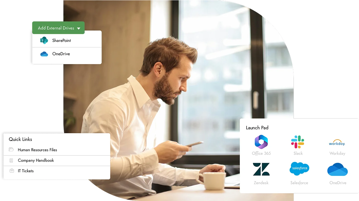 Smiling man in office with notification popups for space addition and checklist mention.