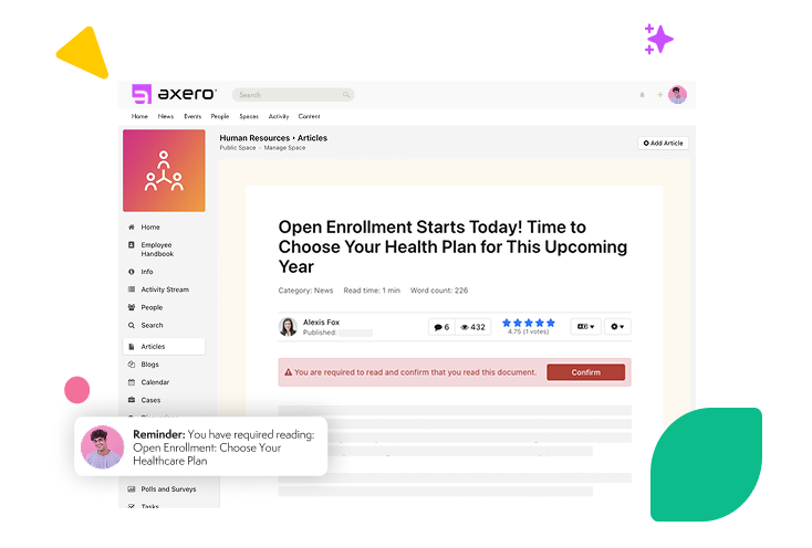Intranet page editor interface showing widget layout tools for Axero Solutions platform.