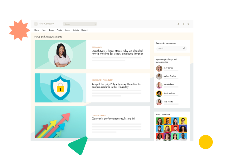 Smiling woman in office next to system permissions and user personas on digital intranet.