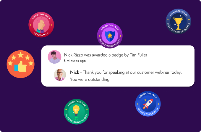 Activity feed showing Nick Rizzo receiving a core values recognition badge in Axero.