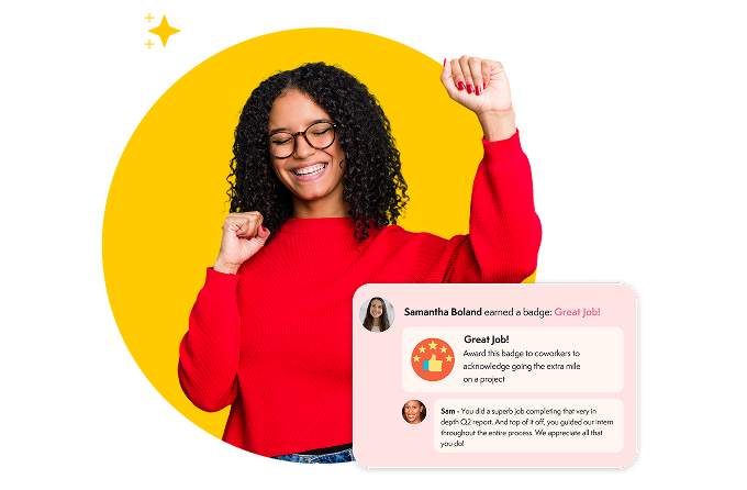Smiling employee raising her fists in celebration beside a recognition badge message thread.