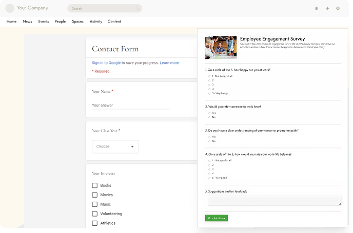 Smiling employee raising her fists in celebration beside a recognition badge message thread.