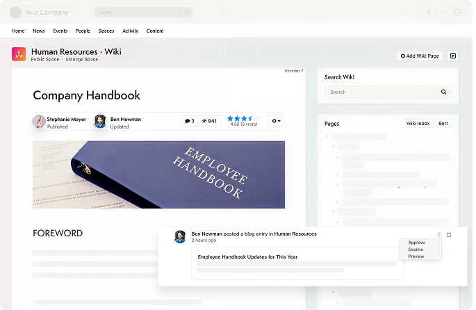 Employee intranet dashboard showing activity stream, Zoom article post, and onboarding checklist.