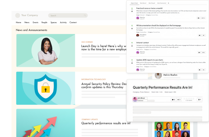 Employee intranet dashboard showing activity stream, Zoom article post, and onboarding checklist.