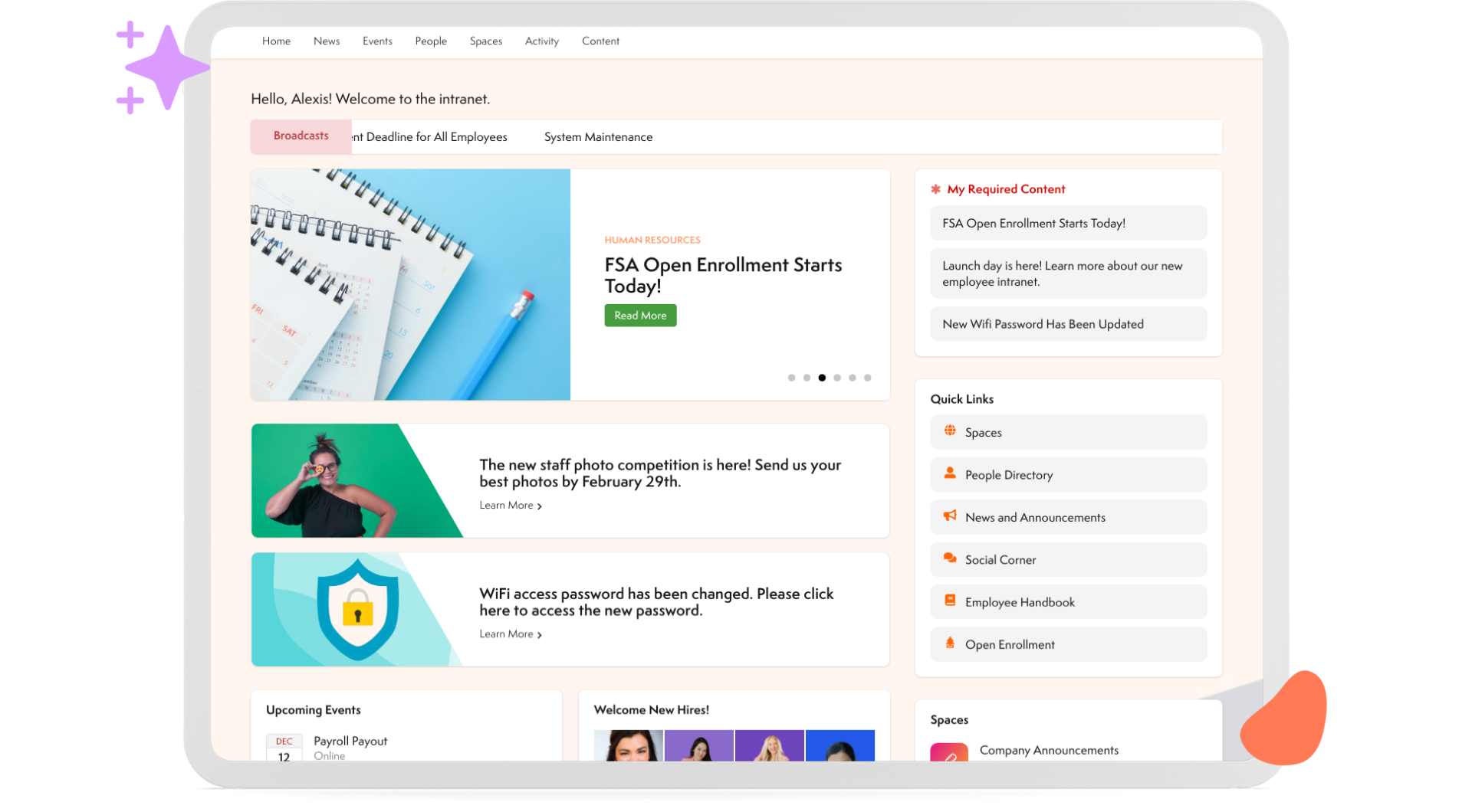 Successful intranet homepage featuring company news, quick links, employee highlights, and access to resources and tools