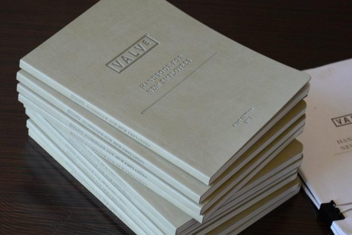 Valve employee handbook example showcasing a flat organizational identity and creative onboarding documentation.