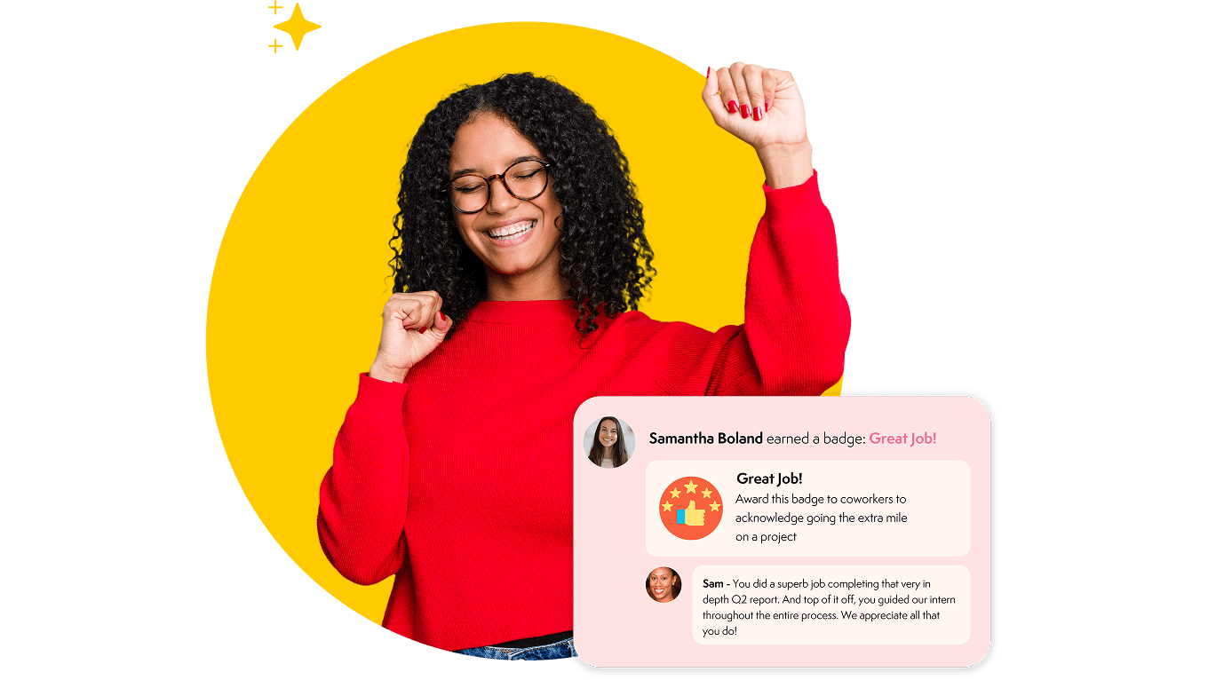 Smartphone showing 'People' app with names, photos, job titles on bright minimalist background.
