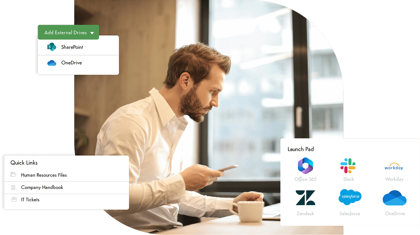 Smartphone showing 'People' app with names, photos, job titles on bright minimalist background.