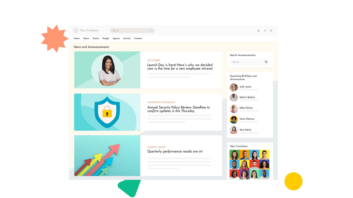 Smartphone showing 'People' app with names, photos, job titles on bright minimalist background.