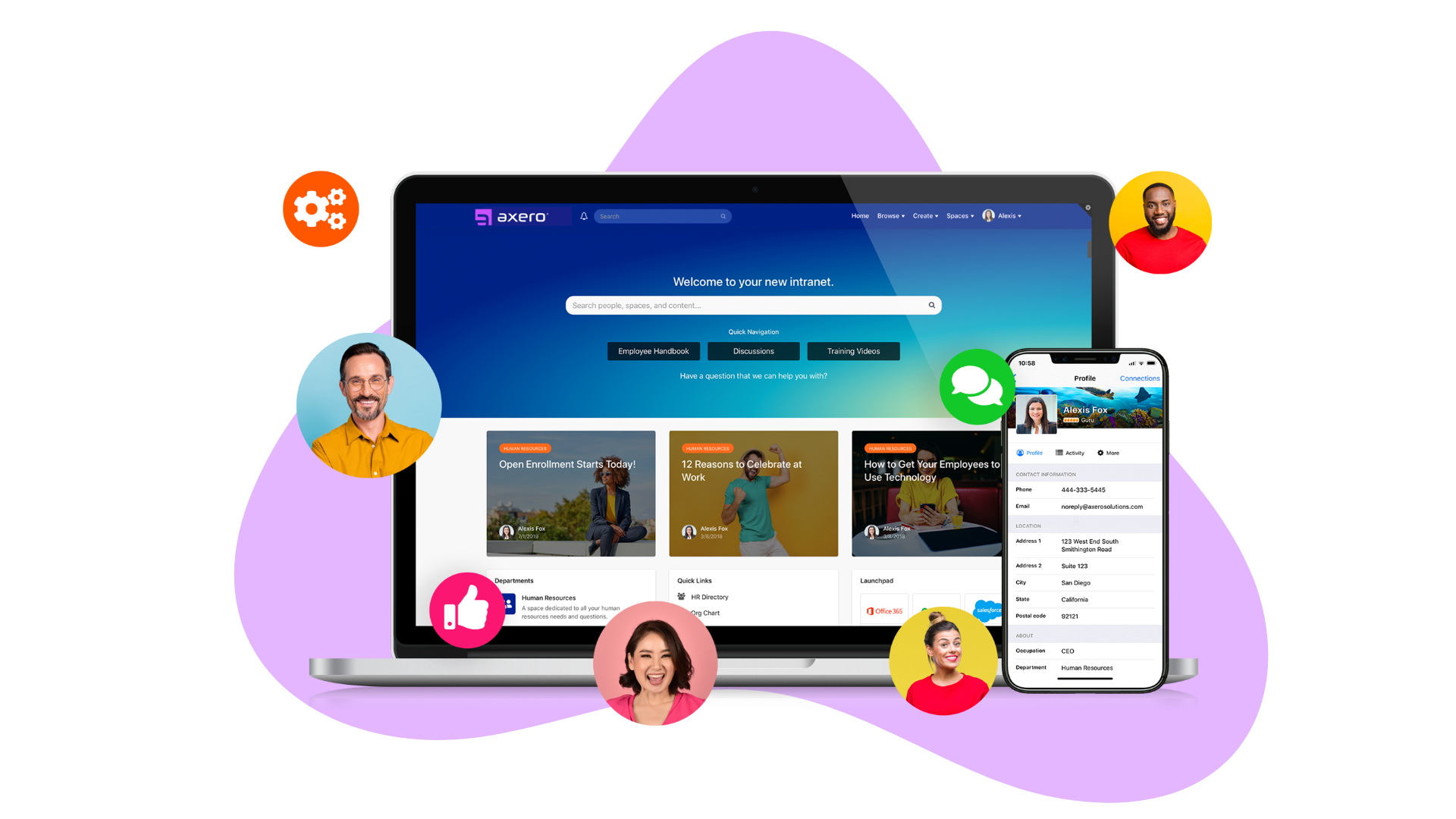 The Axero intranet homepage showcasing a modern digital workplace where employees can easily access the employee handbook, company policies, and company values in one central hub.