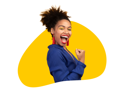 A happy woman in a blue shirt with a yellow background expressing excitement.