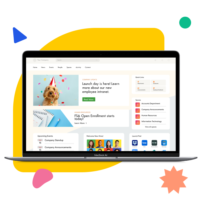 A laptop displaying a company intranet with a festive dog and important announcements.