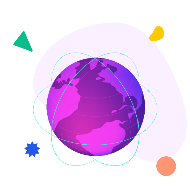 A purple globe surrounded by abstract geometric shapes representing innovation.